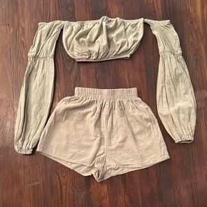 PrettyLittleThing Cream Off-Shoulder Crop Top